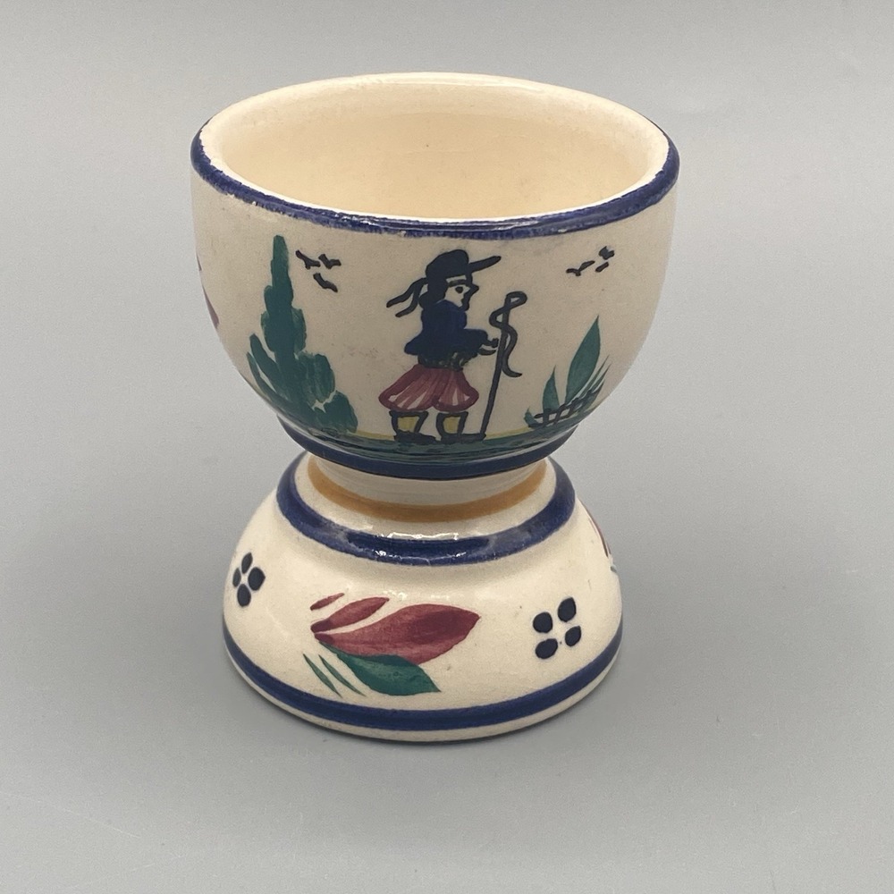 Quimper Egg Cup Petit Breton Hand‎ Painted France Signed HB Red Blue Flowers Man